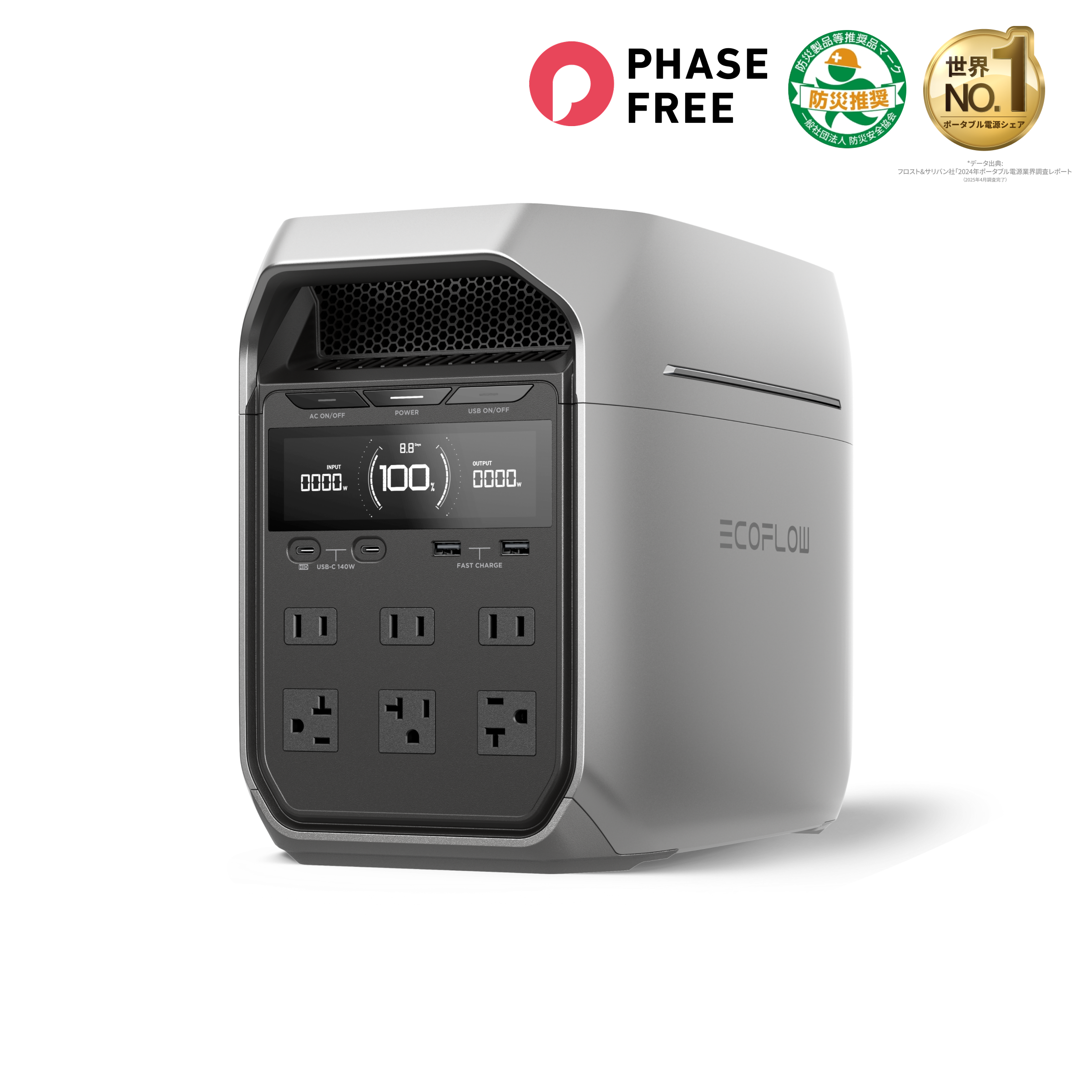 EcoFlow DELTA 3 Plusの公式商品写真。黒い本体の前面にACコンセントとUSB端子がある